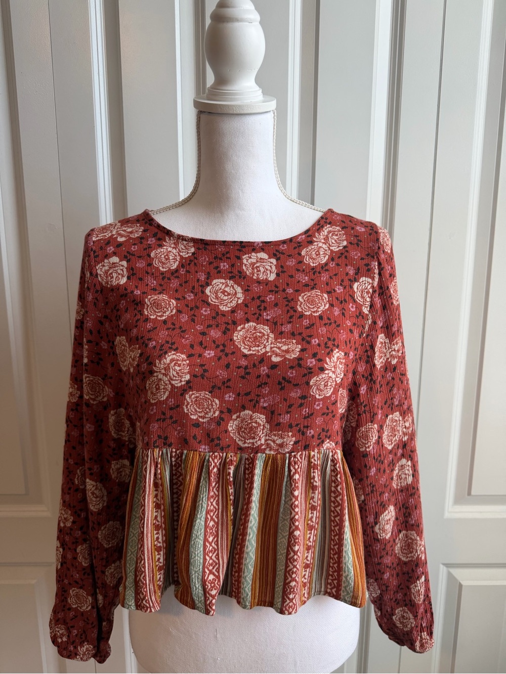 Jolt Rust Floral Long-Sleeve Peplum Top